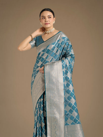 Monjolika Fashion Cyan blue Banarasi Satin Silk Saree with Rich Zari Woven Pallu & Blouse Piece
