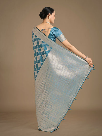 Monjolika Fashion Cyan blue Banarasi Satin Silk Saree with Rich Zari Woven Pallu & Blouse Piece