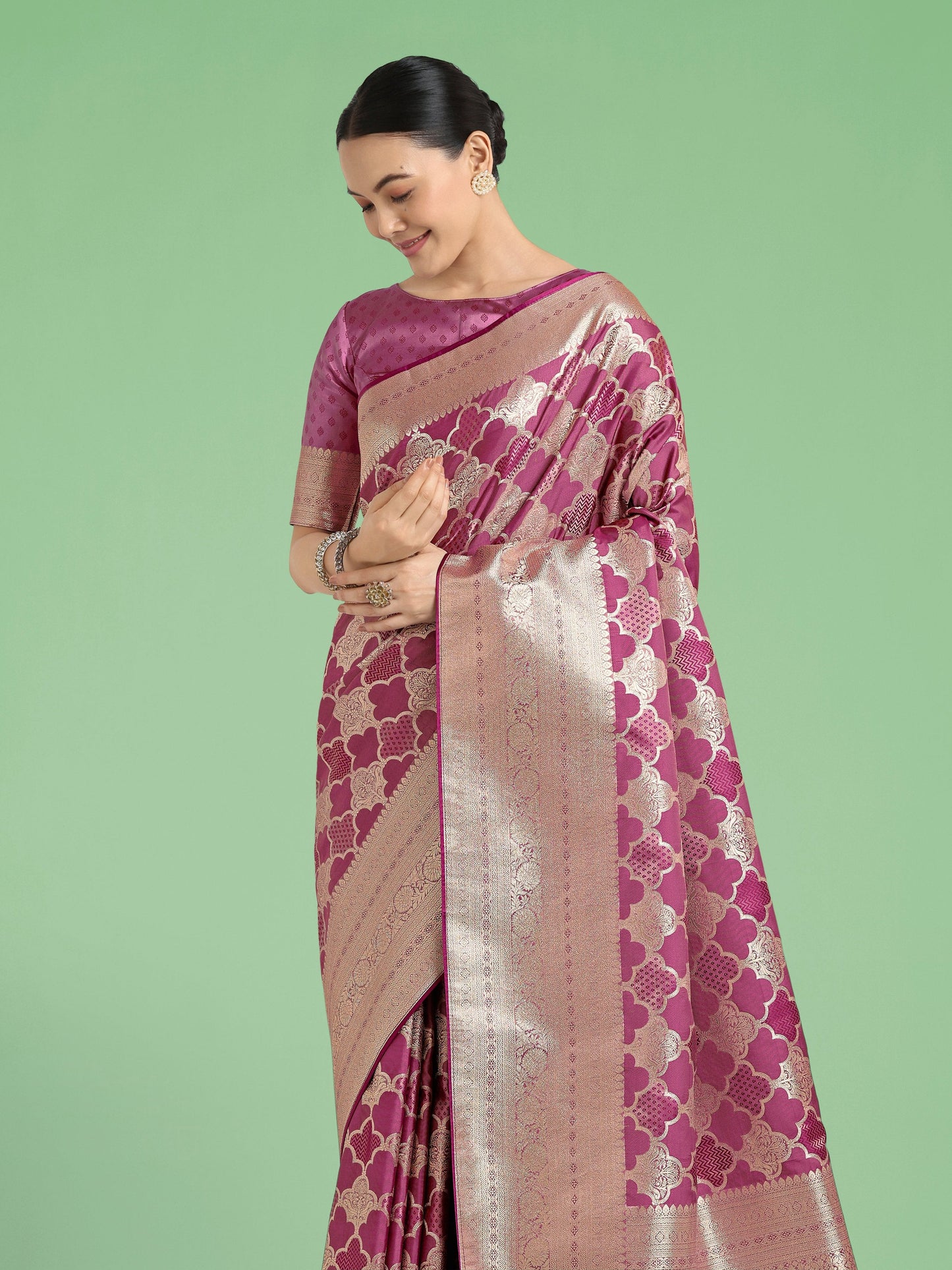 Monjolika Fashion Rose Pink Banarasi Satin Silk Saree with Rich Zari Woven Pallu & Blouse Piece