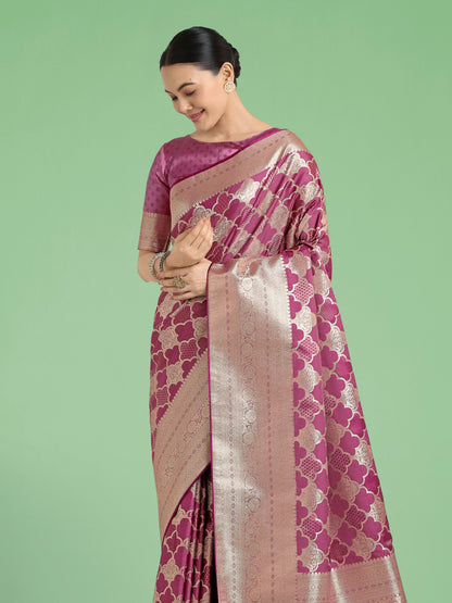 Monjolika Fashion Rose Pink Banarasi Satin Silk Saree with Rich Zari Woven Pallu & Blouse Piece