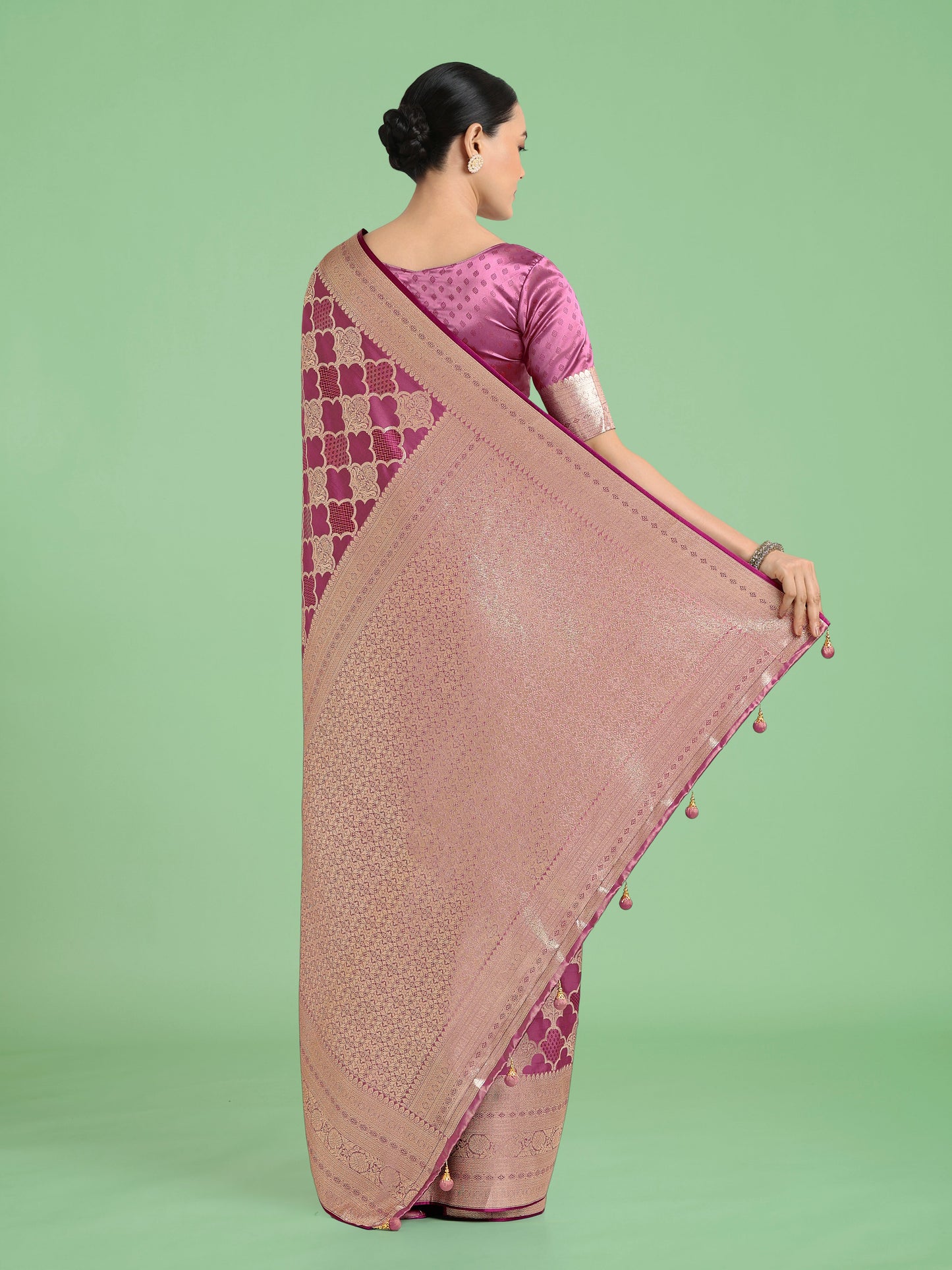 Monjolika Fashion Rose Pink Banarasi Satin Silk Saree with Rich Zari Woven Pallu & Blouse Piece