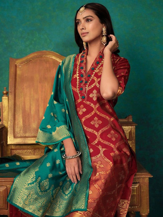 Sangria Maroon Ethnic Motifs Woven Design Regular Thread Work Kurta & Salwar With Dupatta