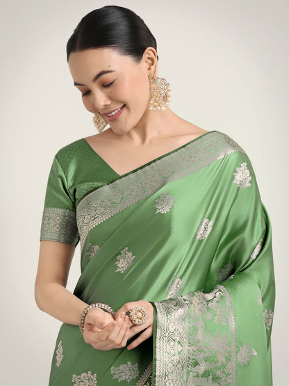 Monjolika Fashion Light Green Zari Weaving Work Banarasi Satin Silk Traditional Saree