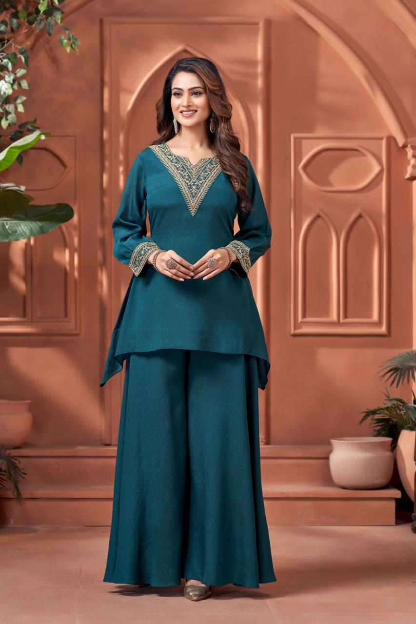Anaita Teal Readymade Suit with Coding Work