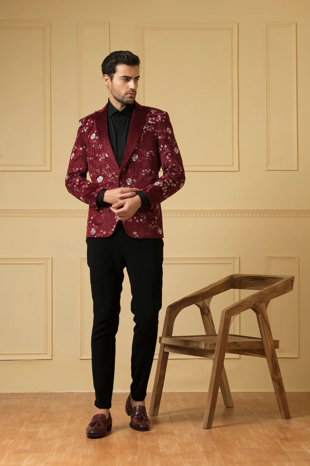 Maroon Embriodered Blazer by Hilo Design