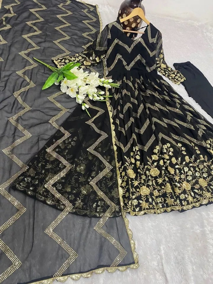 Fox Georgette With Embroidery Work With Full Sleeve Gown Bottom Dupatta Set
