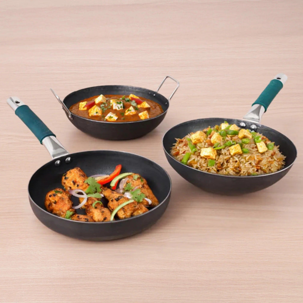 The Indus Valley Iron Cooking Set of 3 Kadai (25.4cm)+ Tawa(26.3cm)+Fry Pan (25.4cm)