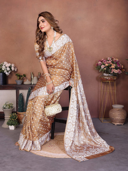 Anaita Cream Handmade Bandhej Viscose Silk Saree With Blouse