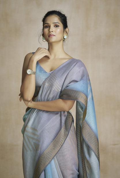 Anaita Dark Grey Fancy Fabric With Digital Print Saree With Blouse