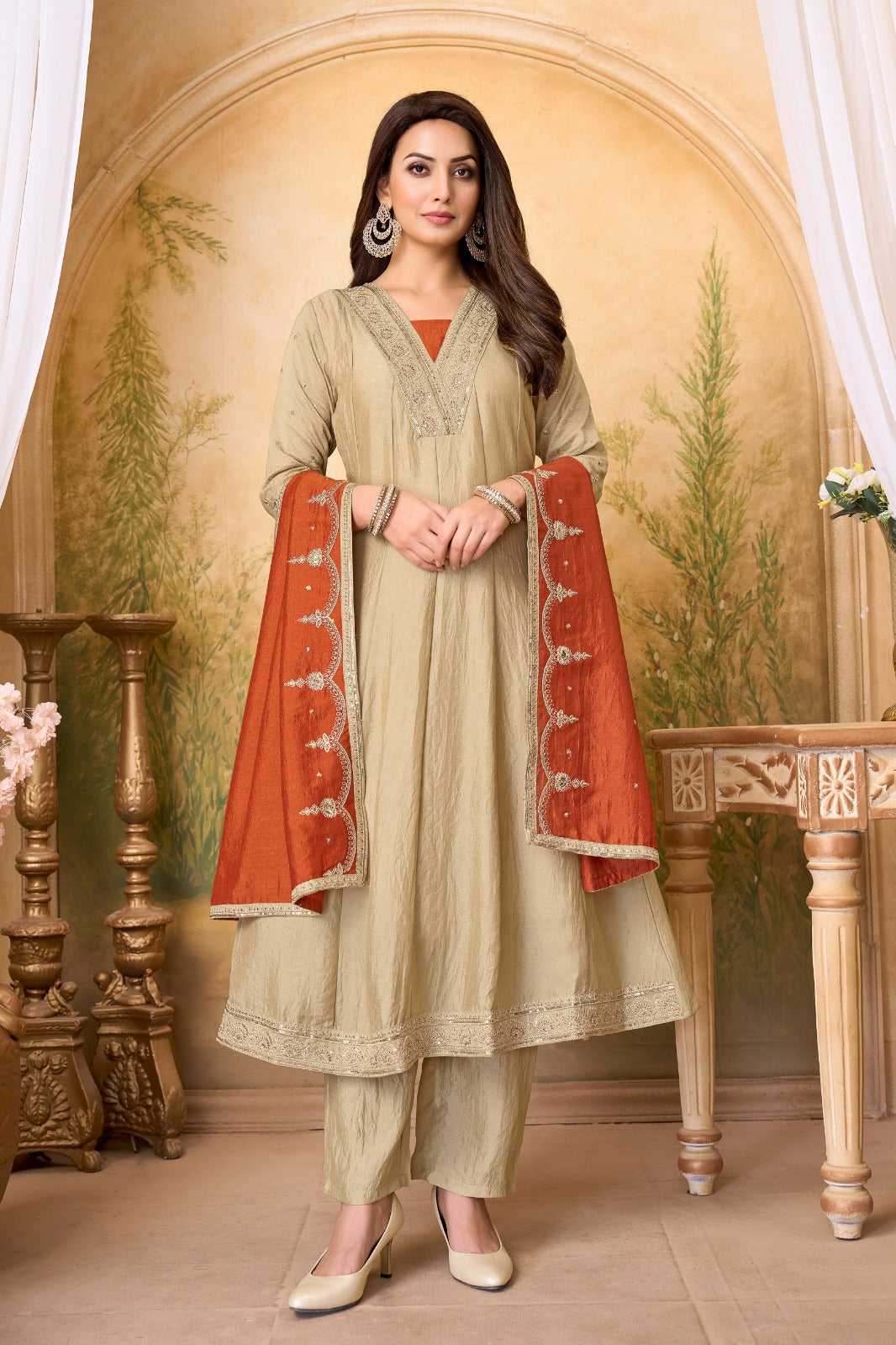 Anaita Cream Rust Anarkali Readymade Suit with Embroidery Work