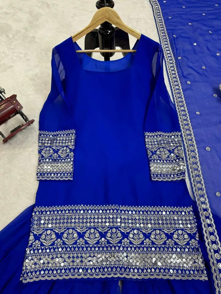 Traditional Classic Wear Faux Georgette Stitched Top Sharara With Dupatta
