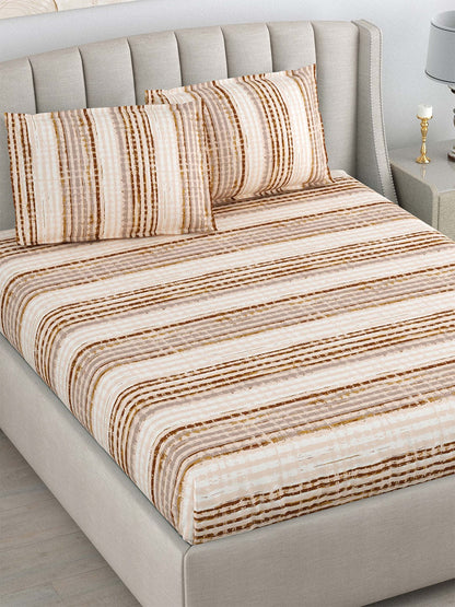 DREAM WEAVERZ Beige & Brown Striped Pure Cotton 220 TC King Bedsheet With 2 Pillow Covers