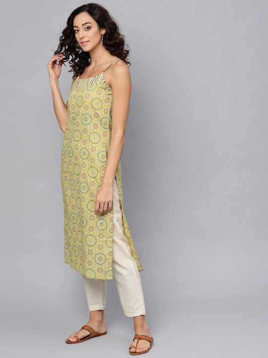 Anayna Women Green & Off-White Printed Straight Kurta
