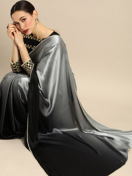 Anouk Black & Grey Satin Colourblocked Saree