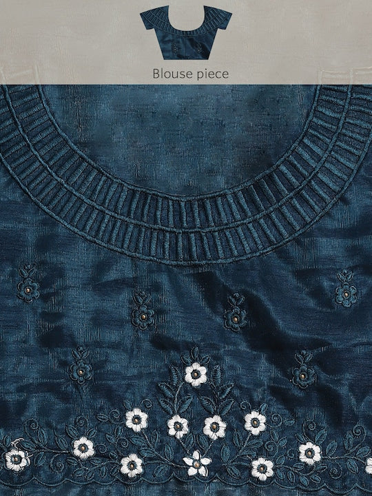 Anouk Blue Floral Embroidered Satin Saree