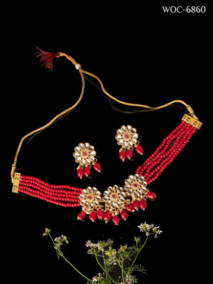 Mominos Fashion Johar Kamal Women's Red Beads Pearls Gold-Polished Jewellery Set
