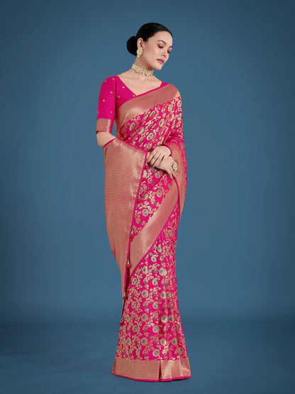 Monjolika Fashion Banarasi Silk Rani Pink Zaal Pattern Traditional Saree