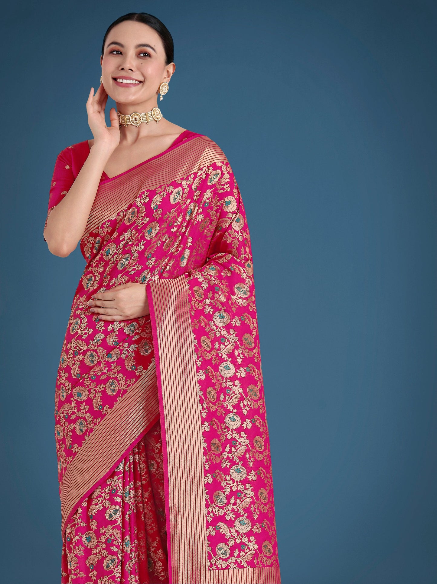 Monjolika Fashion Banarasi Silk Rani Pink Zaal Pattern Traditional Saree