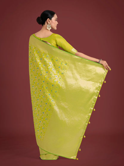 Monjolika Fashion Banarasi Silk Parrot Green Zaal Pattern Traditional Saree
