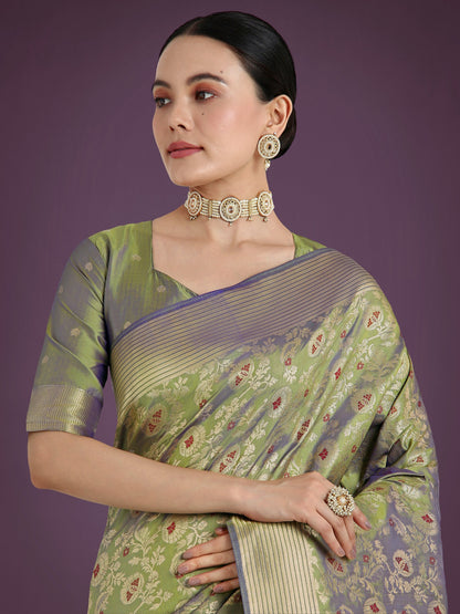 Monjolika Fashion Banarasi Silk Olive Zaal Pattern Traditional Saree