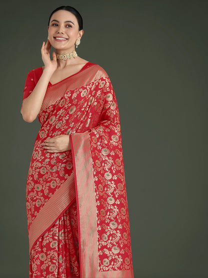 Monjolika Fashion Banarasi Silk Red Zaal Pattern Traditional Saree