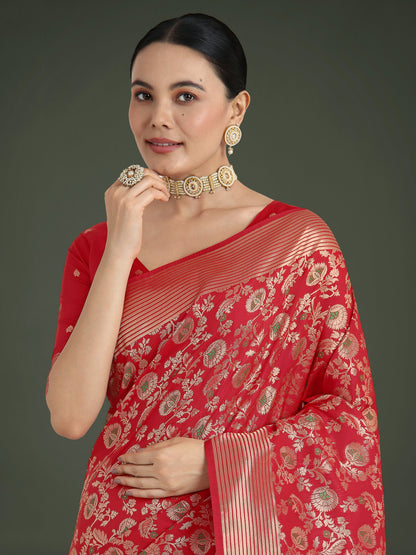 Monjolika Fashion Banarasi Silk Red Zaal Pattern Traditional Saree