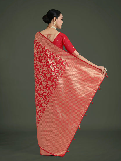Monjolika Fashion Banarasi Silk Red Zaal Pattern Traditional Saree