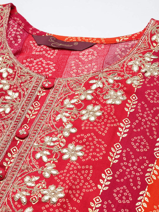 Sangria Women Red Bandhani Printed and Embroidered Rayon Kurta