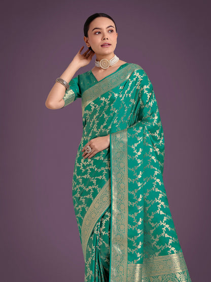 Monjolika Fashion Stunning Turquoise Banarasi Satin Silk Golden Meenakari Work Saree