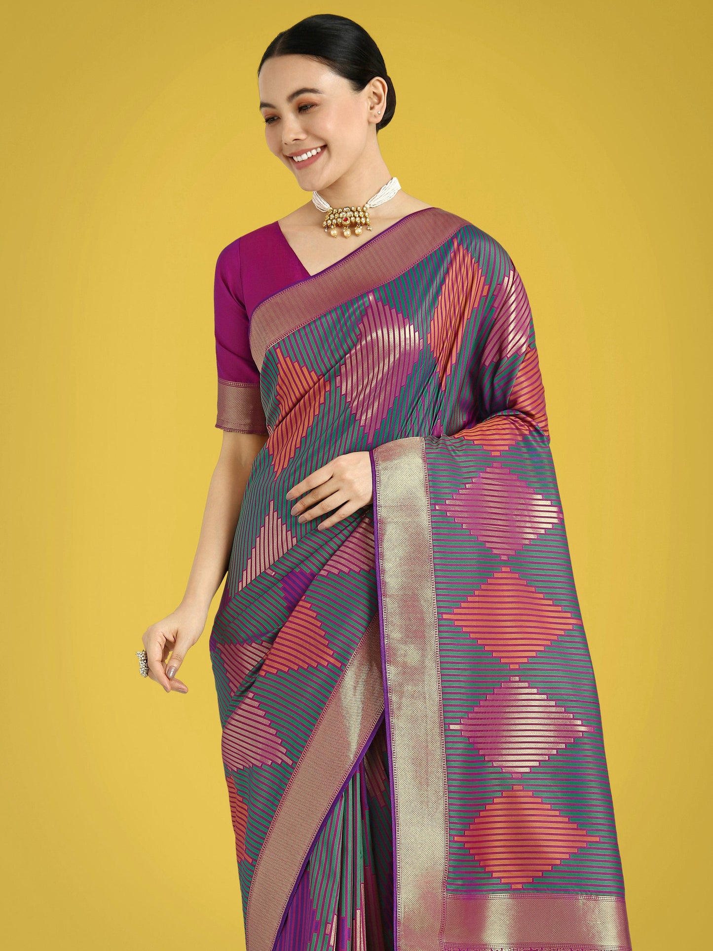 Monjolika Fashion Multi Colour Banarasi Silk Zari Weaving Classic Saree