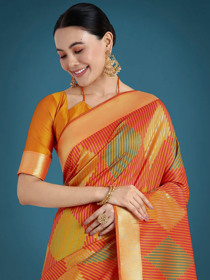 Monjolika Fashion Orange Colour Banarasi Silk Zari Weaving Classic Saree