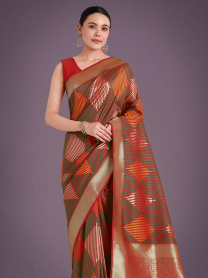 Monjolika Fashion Red Colour Banarasi Silk Zari Weaving Classic Saree
