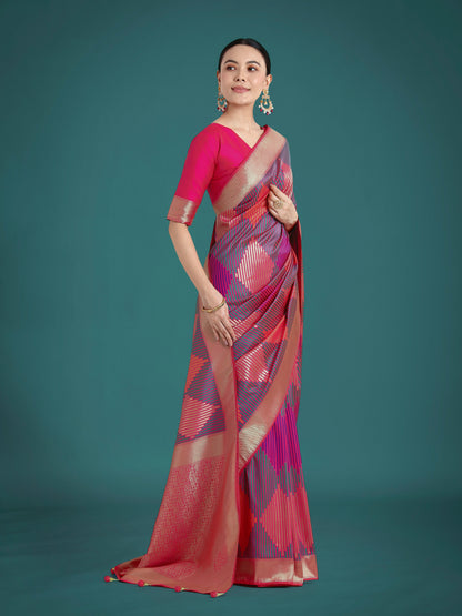 Monjolika Fashion Pink Colour Banarasi Satin Silk Zari Weaving Classic Saree