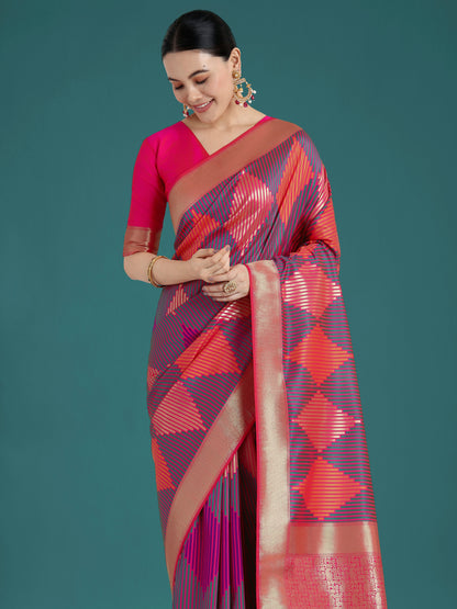 Monjolika Fashion Pink Colour Banarasi Satin Silk Zari Weaving Classic Saree