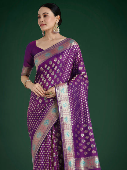 Monjolika Fashion Purple Colour Banarasi Silk Zari Weaving Classic Saree