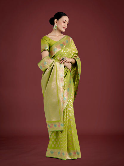 Monjolika Fashion Lime Green Colour Banarasi Silk Zari Weaving Classic Saree