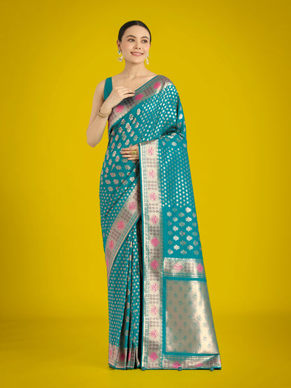 Monjolika Fashion Cyan blue Colour Banarasi Silk Zari Weaving Classic Saree