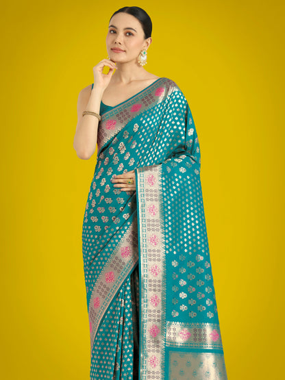 Monjolika Fashion Cyan blue Colour Banarasi Silk Zari Weaving Classic Saree