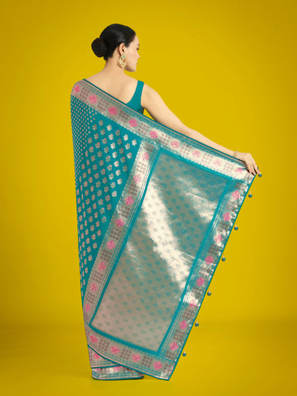 Monjolika Fashion Cyan blue Colour Banarasi Silk Zari Weaving Classic Saree