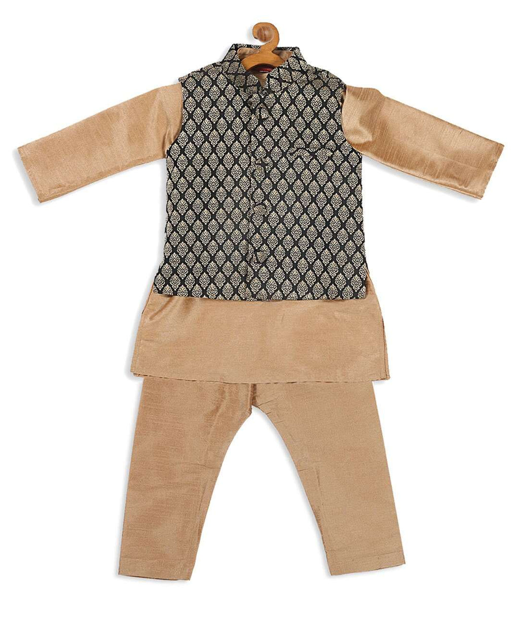 VASTRAMAY SISHU Full Sleeves Solid Kurta & Pyjama With Damask Motif Printed Nehru Jacket - Rose Gold & Blue