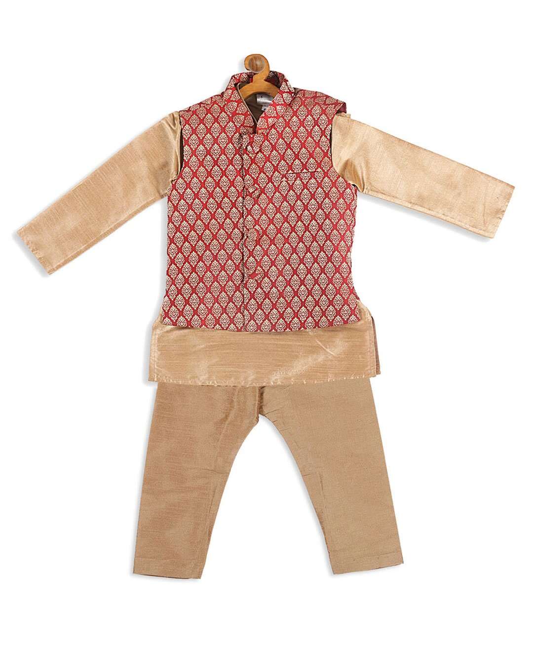 VASTRAMAY SISHU Full Sleeves Solid Kurta & Pyjama With Damask Motif Printed Nehru Jacket - Rose Gold & Blue