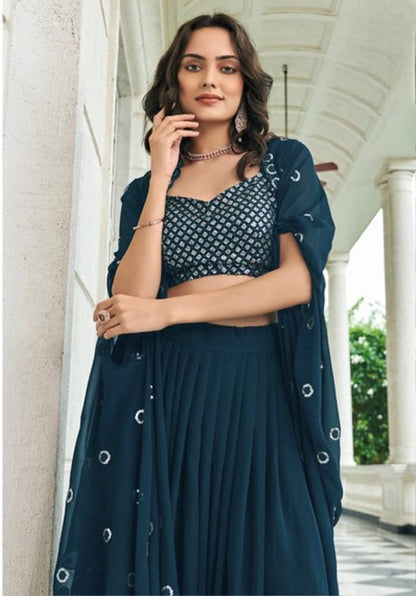 Anaita Teal Blue Georgette Stitched Lehenga Choli With Sequence & Thread Work