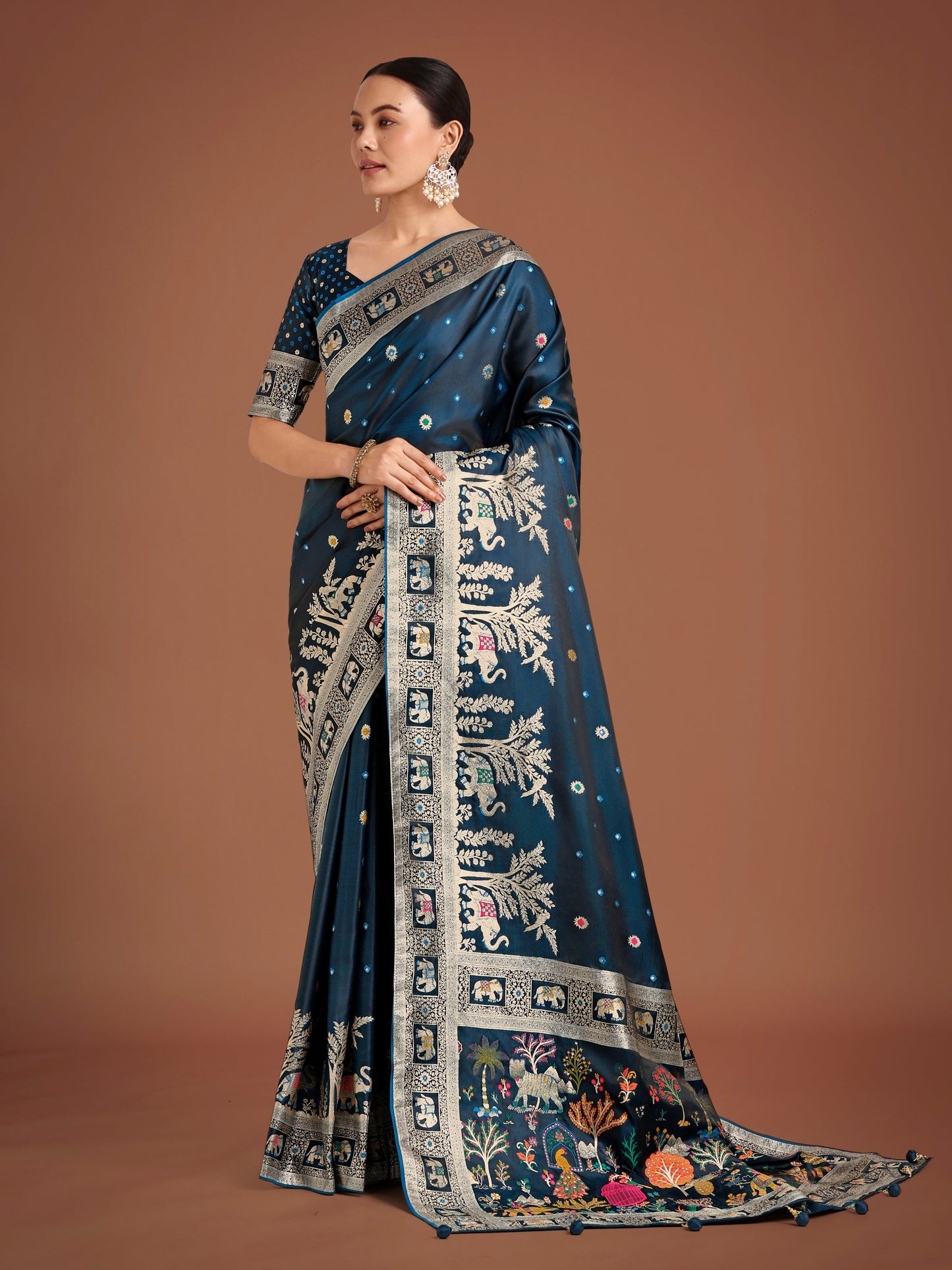 Monjolika Fashion Gorgeous Dark Teal Woven Banarasi Designer Satin Silk Saree