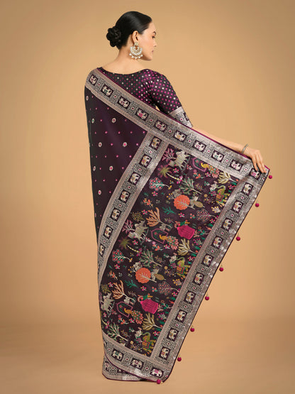 Monjolika Fashion Gorgeous Wine Woven Banarasi Designer Satin Silk Saree