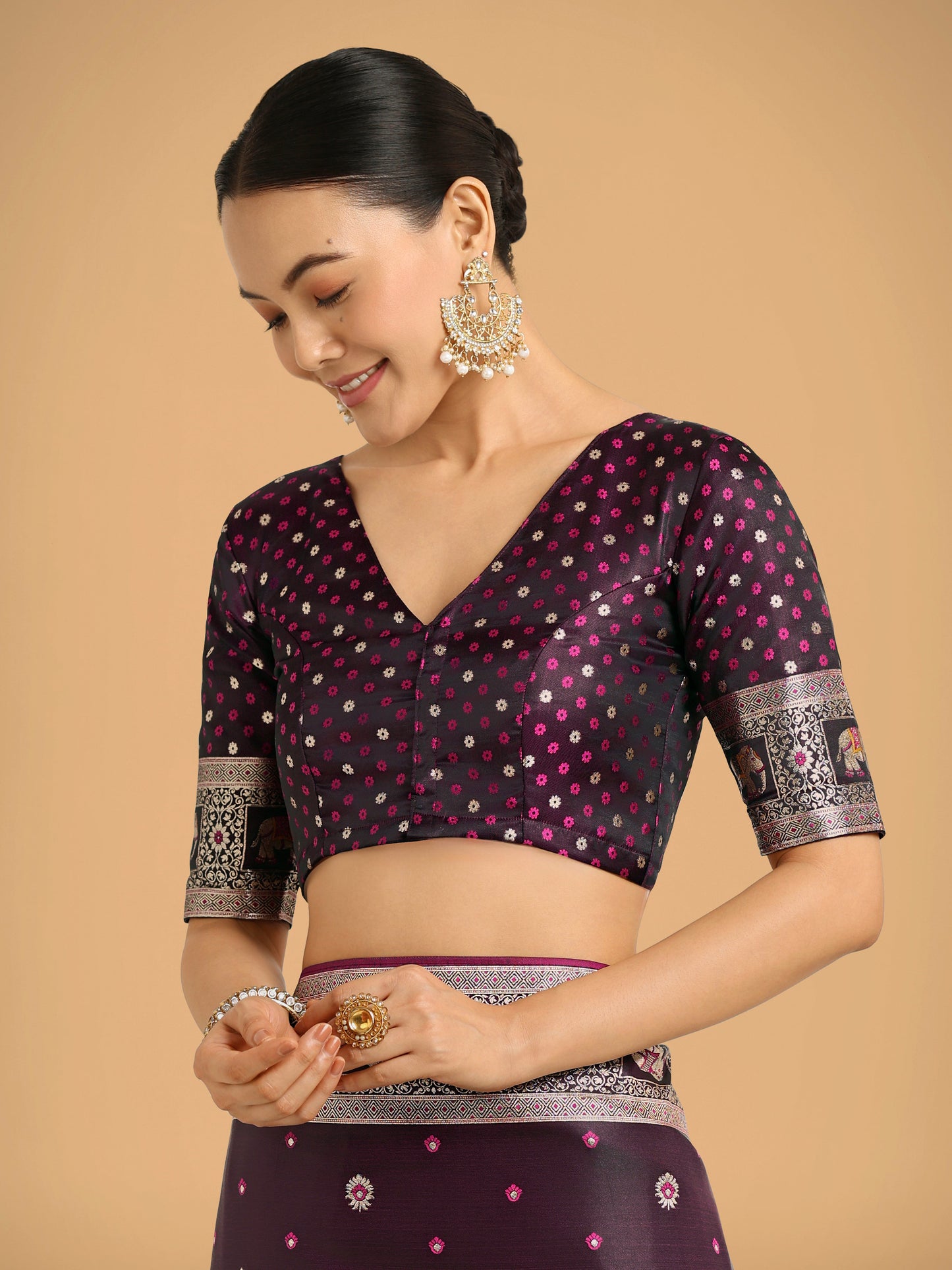 Monjolika Fashion Gorgeous Wine Woven Banarasi Designer Satin Silk Saree
