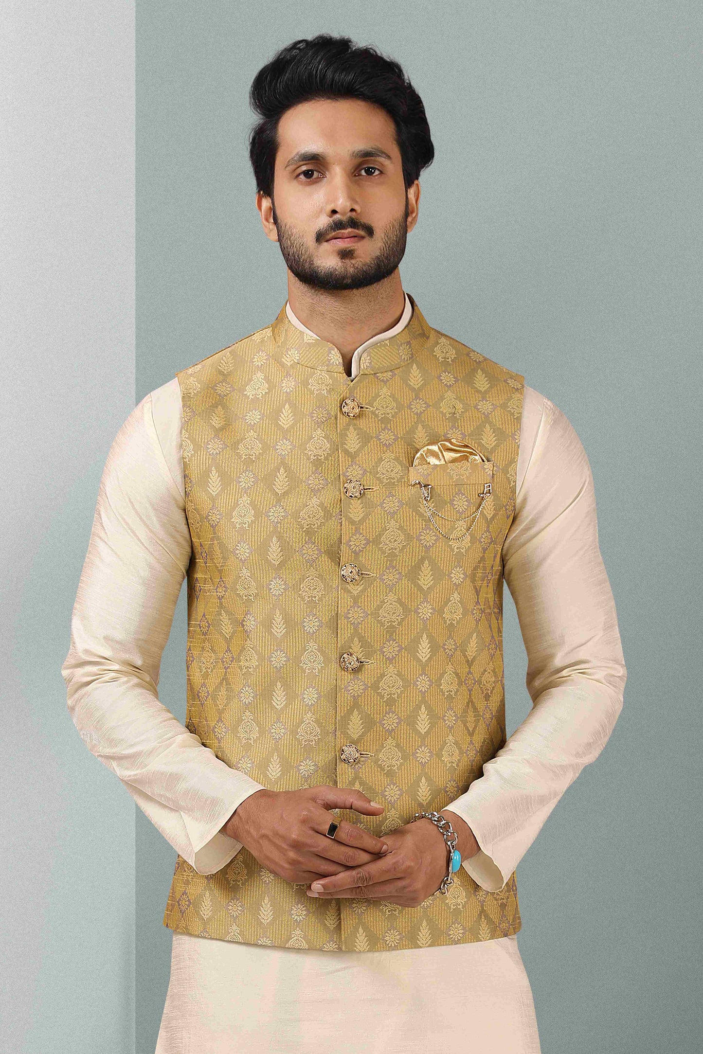 Raivat Ethnic Jacquard Banarasi Silk Woven Work 3 Pics Jacket Set In Beige Colour