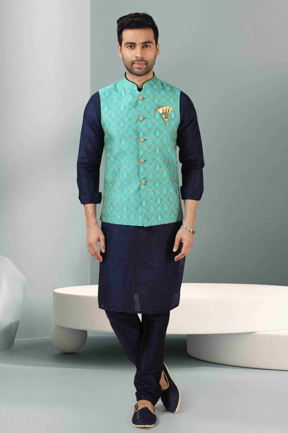Raivat Ethnic Jacquard Banarasi Silk Woven Work 3 Pics Jacket Set In Sea Green Colour