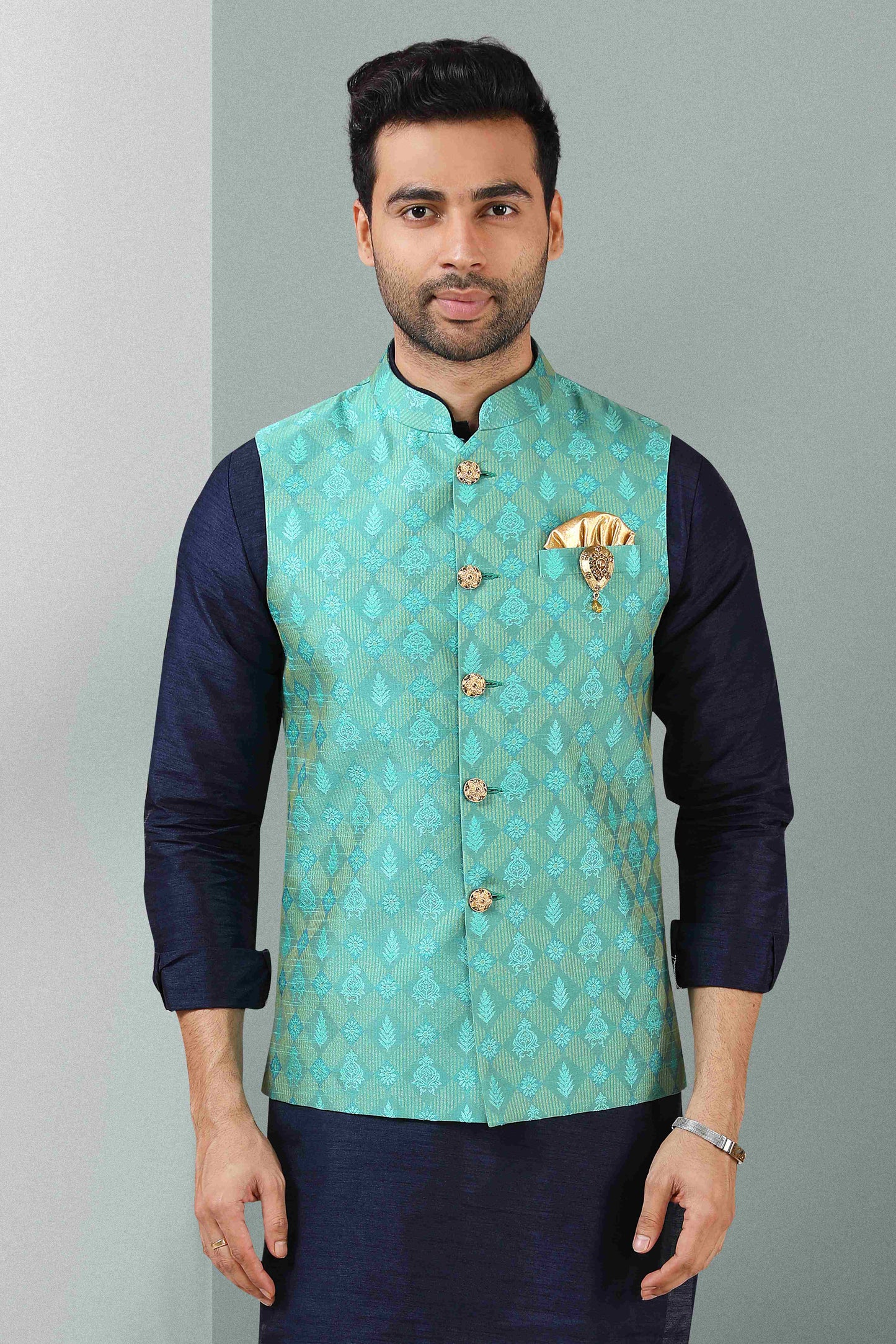 Raivat Ethnic Jacquard Banarasi Silk Woven Work 3 Pics Jacket Set In Sea Green Colour