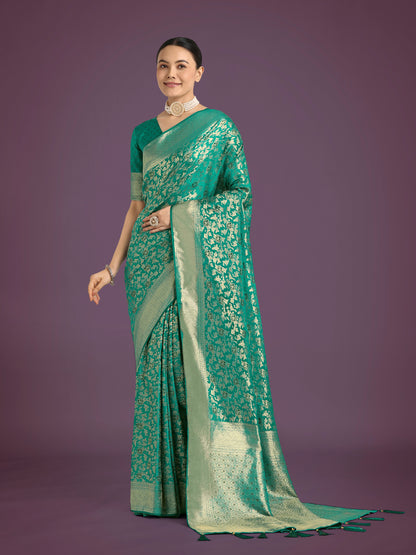 Monjolika Fashion Scintilla Turquoise Banarasi Satin Silk Meenakari zari weaving Pattern Saree