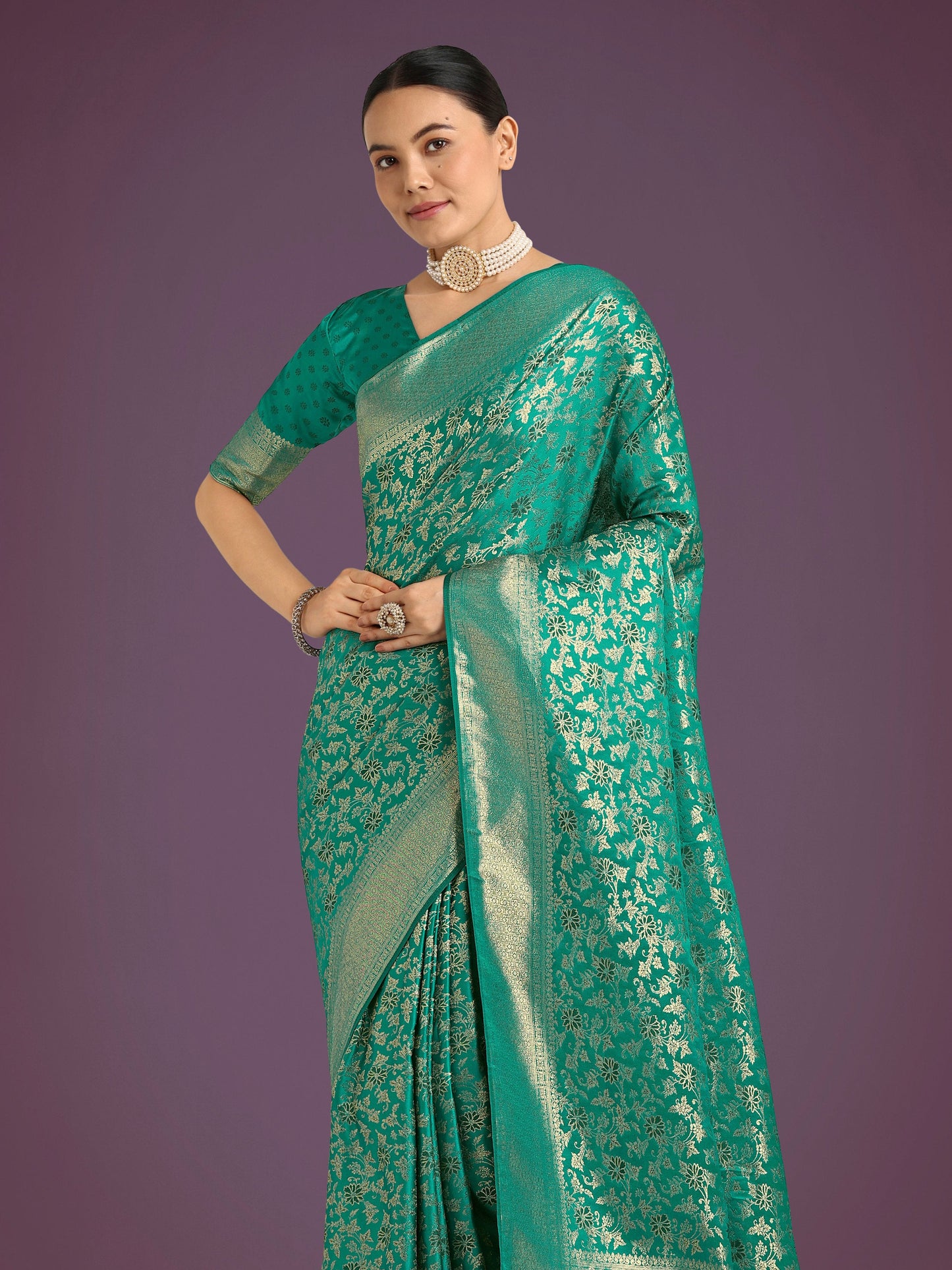 Monjolika Fashion Scintilla Turquoise Banarasi Satin Silk Meenakari zari weaving Pattern Saree